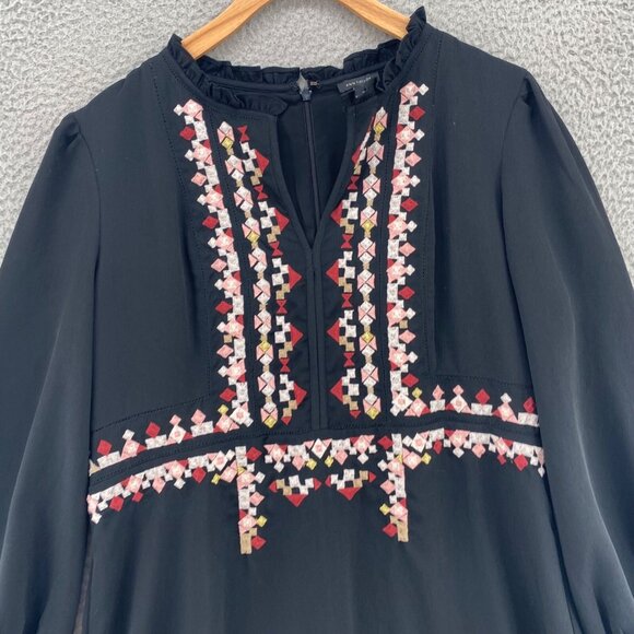 Ann Taylor Dress Womens 14 Black Embroidered Shift Long Balloon Sleeve Ruffle - Picture 2 of 10